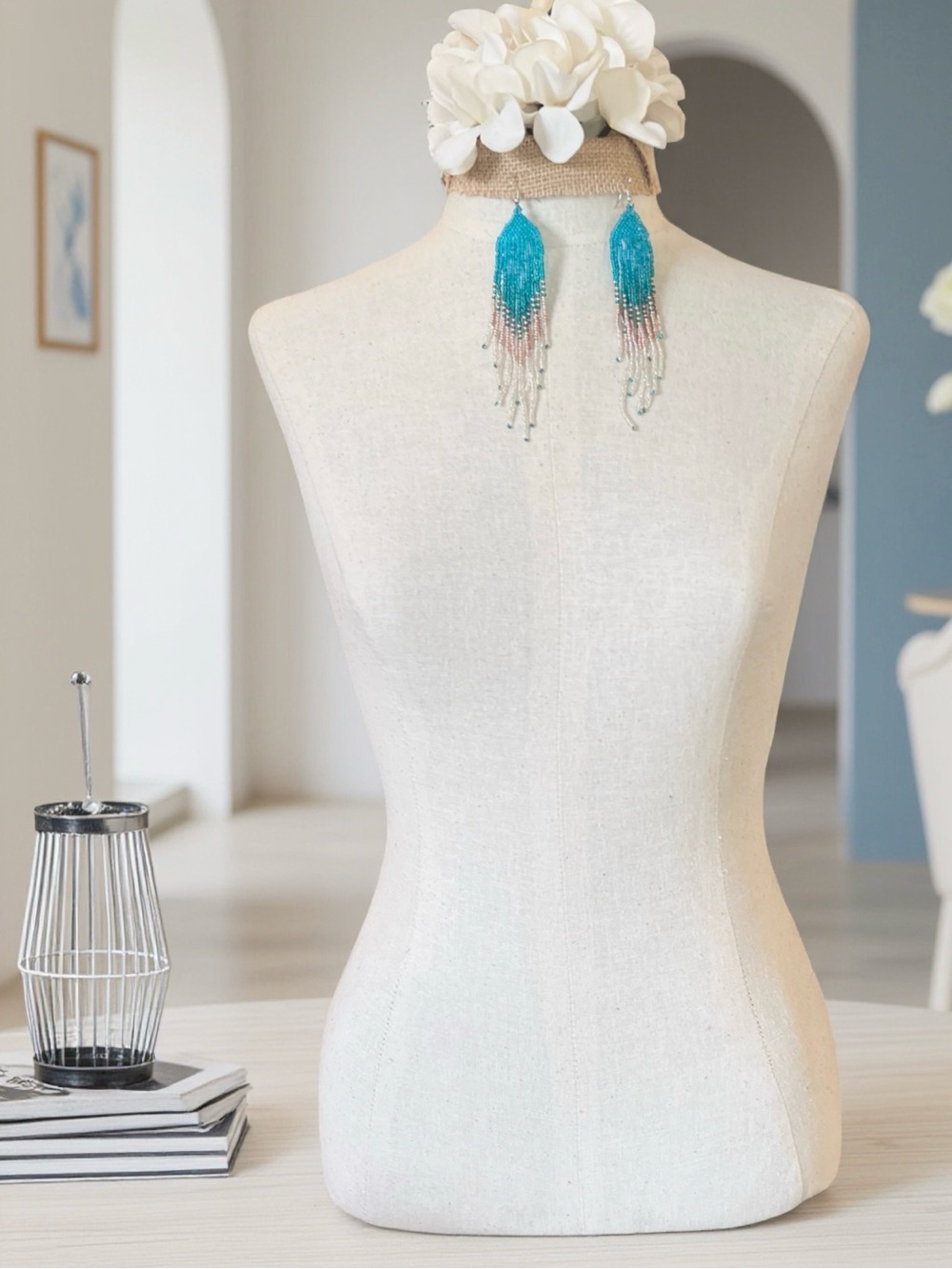 Teal White Copper Silver Beaded Fringe Drop Earrings